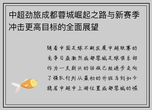 中超劲旅成都蓉城崛起之路与新赛季冲击更高目标的全面展望