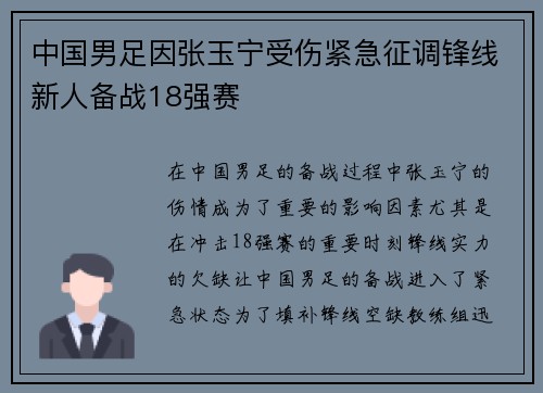中国男足因张玉宁受伤紧急征调锋线新人备战18强赛